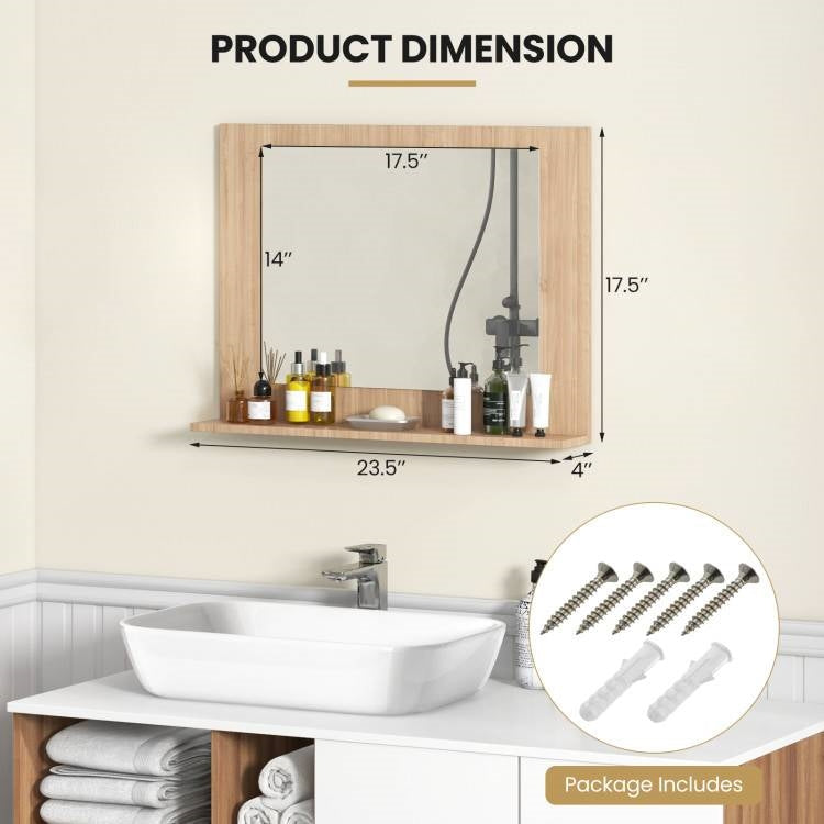 Rectangular 23 x 17 inch Bathroom Wall Mirror with Shelf in Brown Wood Finish-4