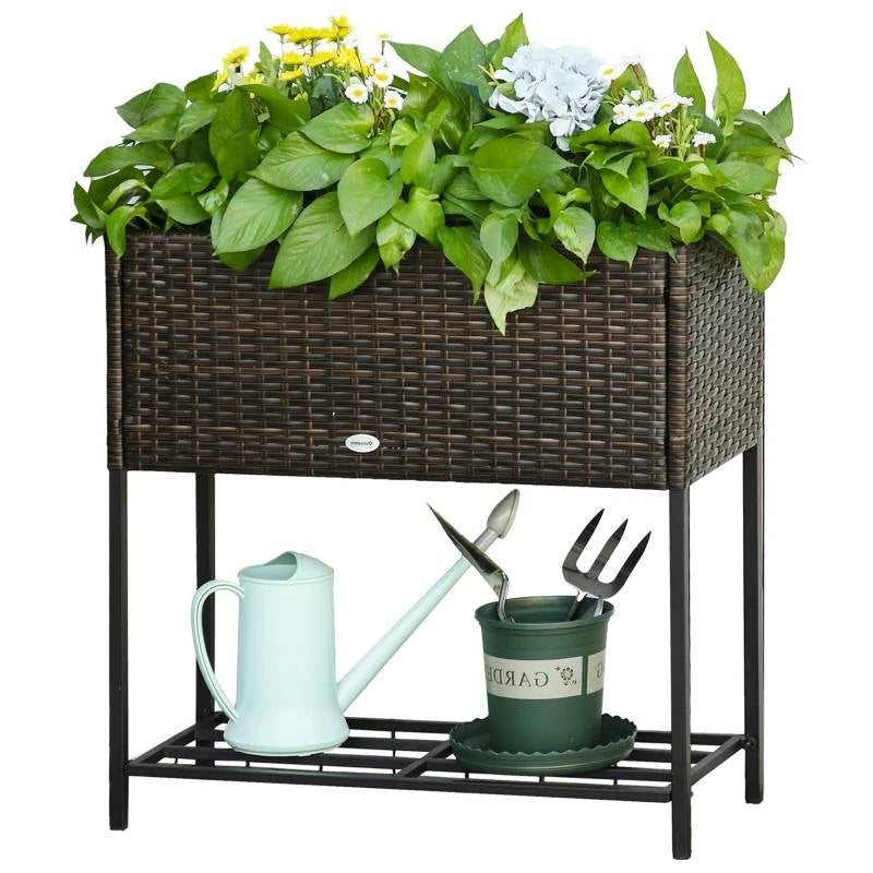 Brown Modern PE Rattan Wicker Raised Garden Bed Elevated Planter Box-0