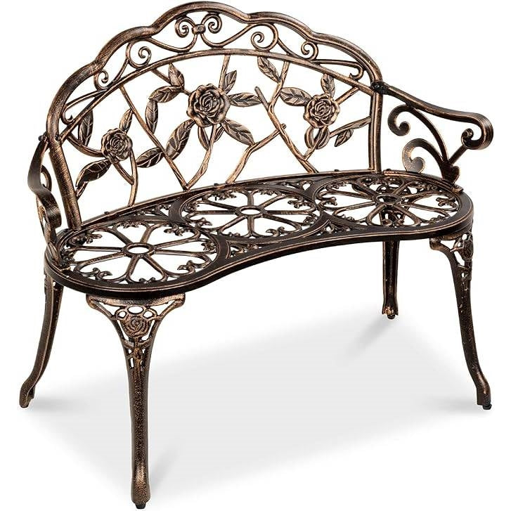 Outdoor Patio Garden Bench with Backrest in Antique Bronze Metal Finish-2