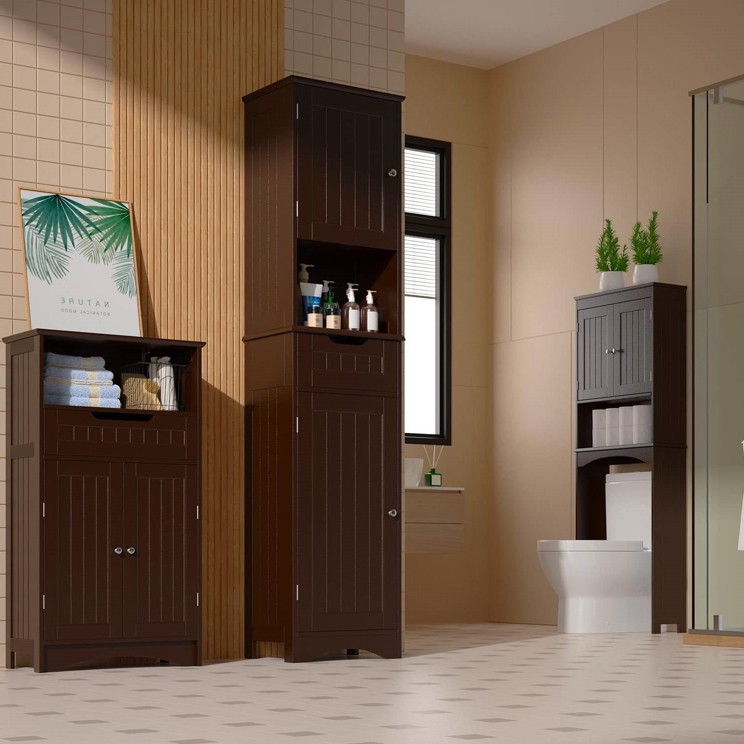 Dark Brown Bathroom Linen Cabinet Tower with 2 Doors Storage Drawer and Shelf-2