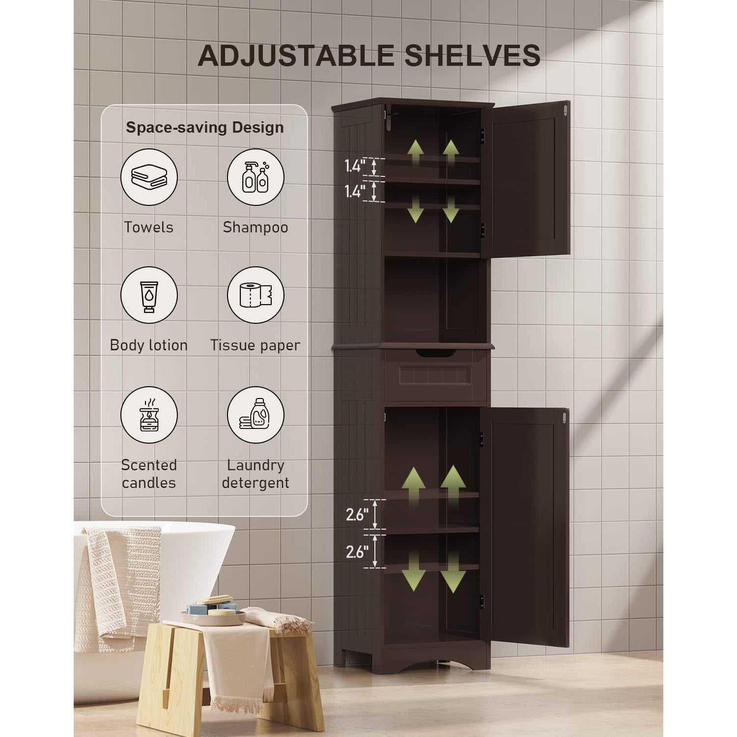 Dark Brown Bathroom Linen Cabinet Tower with 2 Doors Storage Drawer and Shelf-3