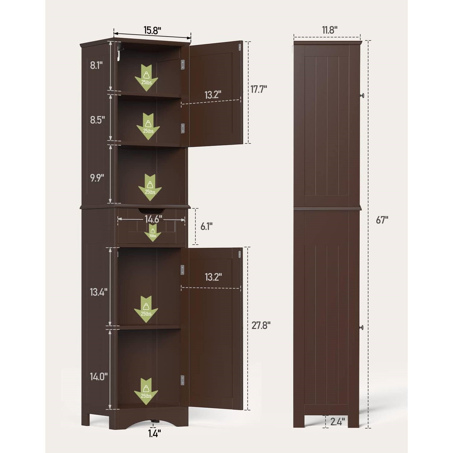 Dark Brown Bathroom Linen Cabinet Tower with 2 Doors Storage Drawer and Shelf-4