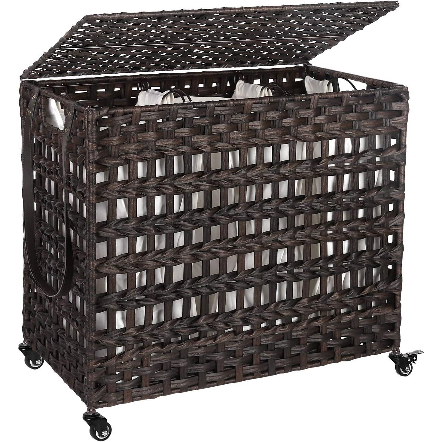 Brown PP Rattan 3-Basket Laundry Hamper Sorter Cart with Removable Cotton Bags-0