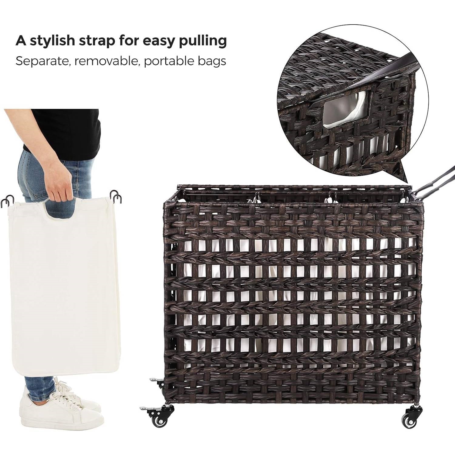 Brown PP Rattan 3-Basket Laundry Hamper Sorter Cart with Removable Cotton Bags-3