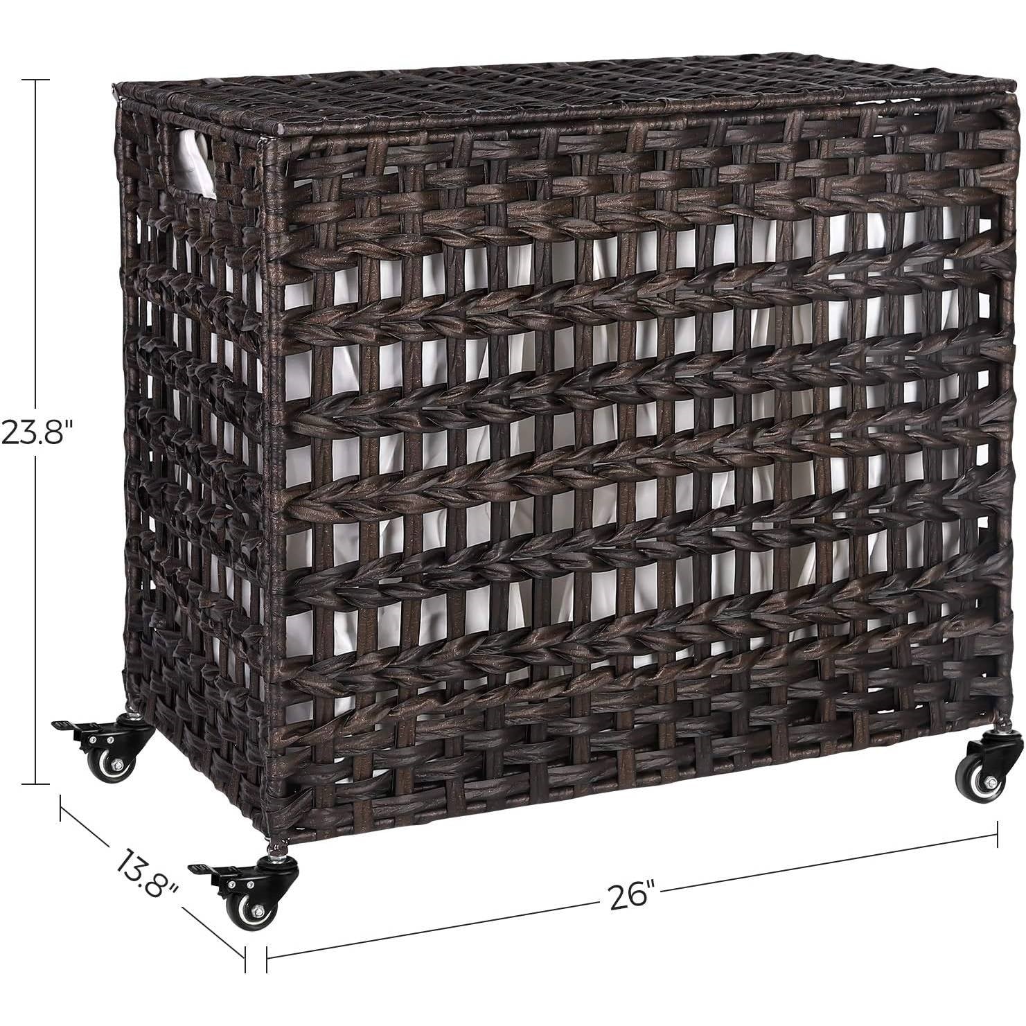 Brown PP Rattan 3-Basket Laundry Hamper Sorter Cart with Removable Cotton Bags-4