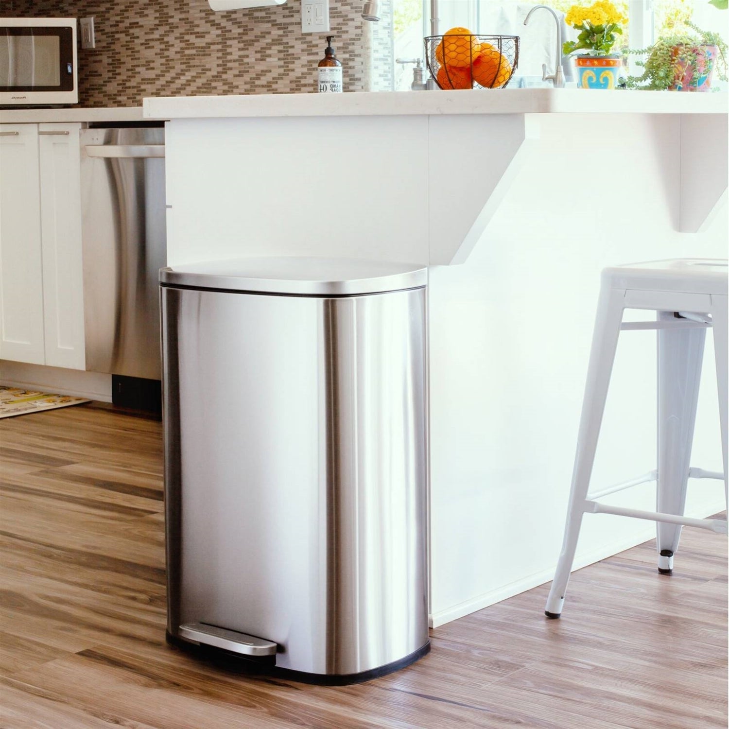 13 Gallon Brushed Stainless Steel Kitchen Trash Can with Step Open Lid-1