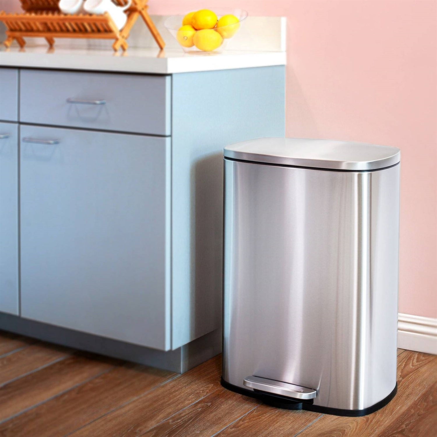 13 Gallon Brushed Stainless Steel Kitchen Trash Can with Step Open Lid-4