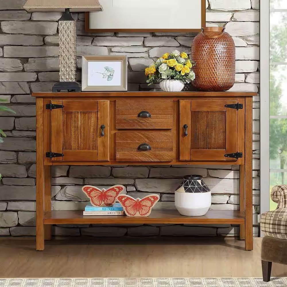 Solid Wood Farmhouse Console Table Buffet Cabinet with Storage Drawers in Brown-0