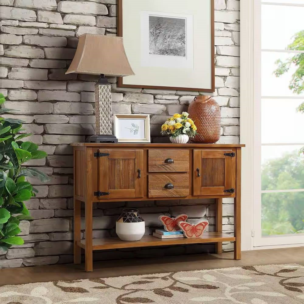 Solid Wood Farmhouse Console Table Buffet Cabinet with Storage Drawers in Brown-1