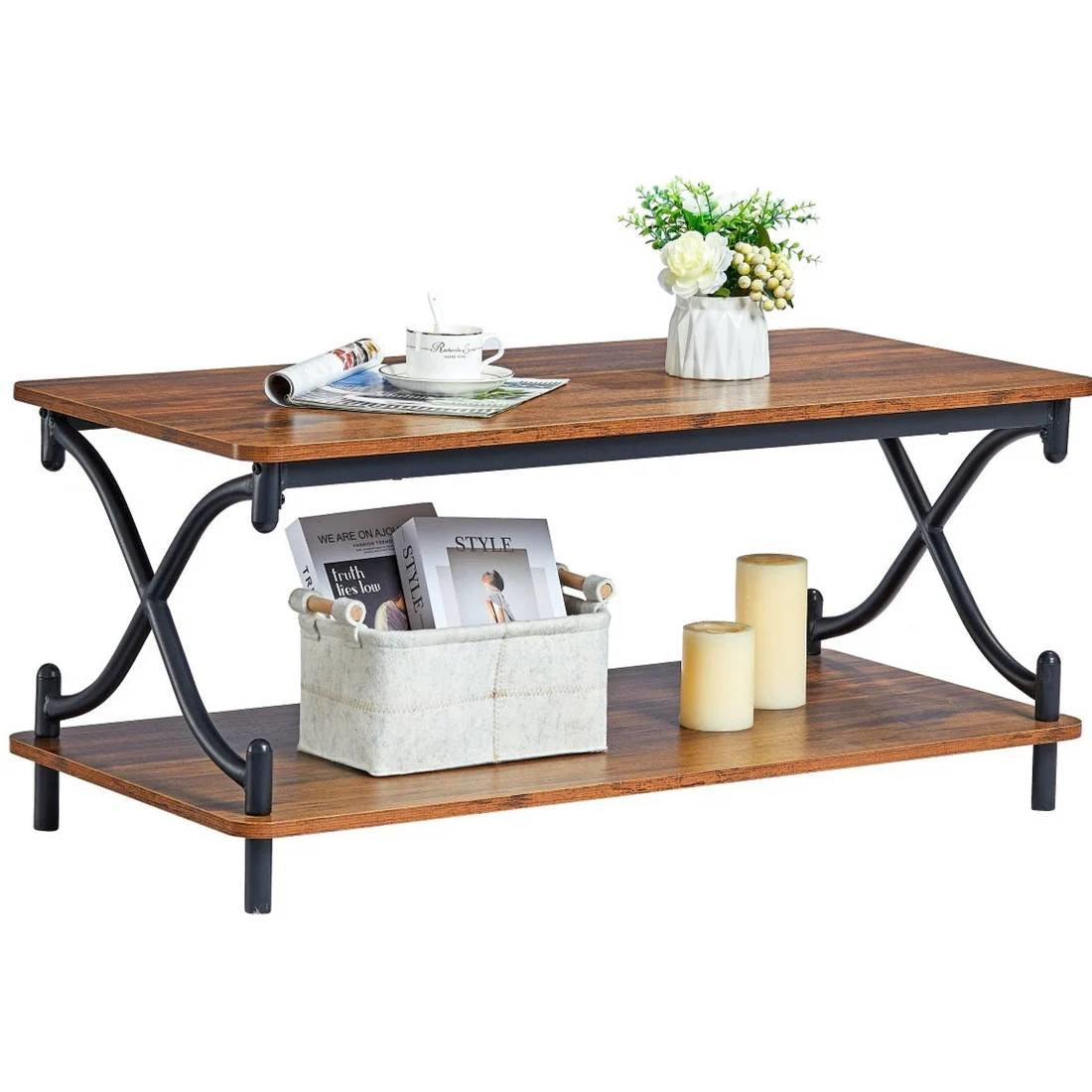 Modern Industrial Black Metal Brown Wood Coffee Table with Lower Storage Shelf-0