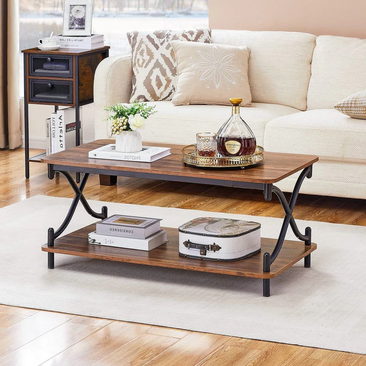 Modern Industrial Black Metal Brown Wood Coffee Table with Lower Storage Shelf-2