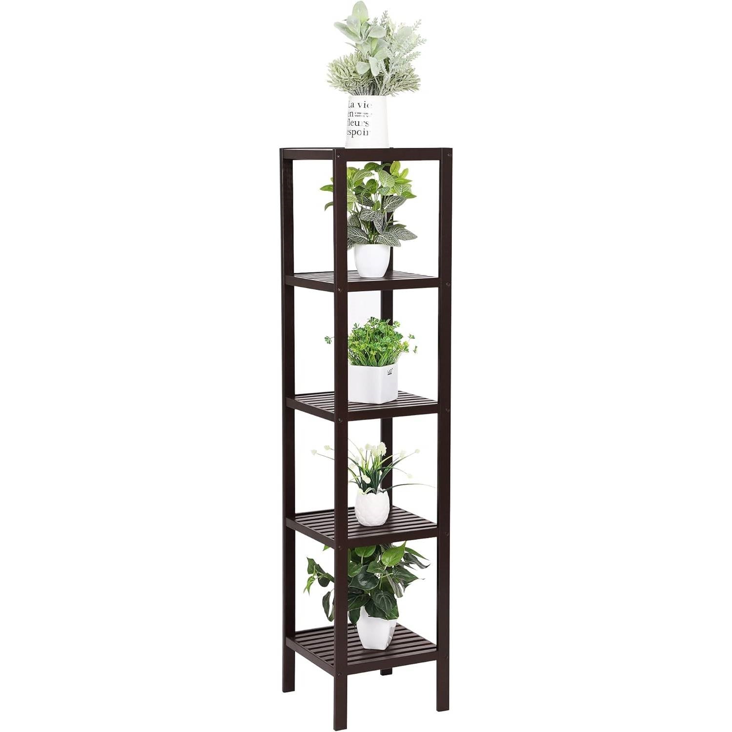 Brown Bamboo Wood 4-Shelf Versatile Storage Unit Rack Narrow Bookcase-0