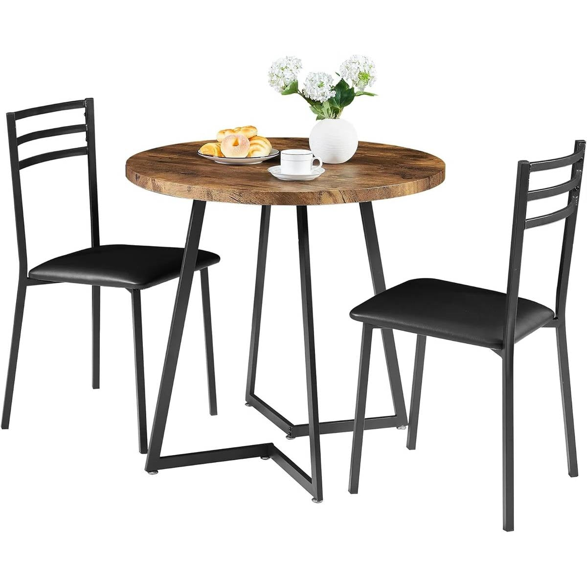 Modern 3-Piece Kitchen Dining Set with Round Wood-Top Table and 2 Chairs-2