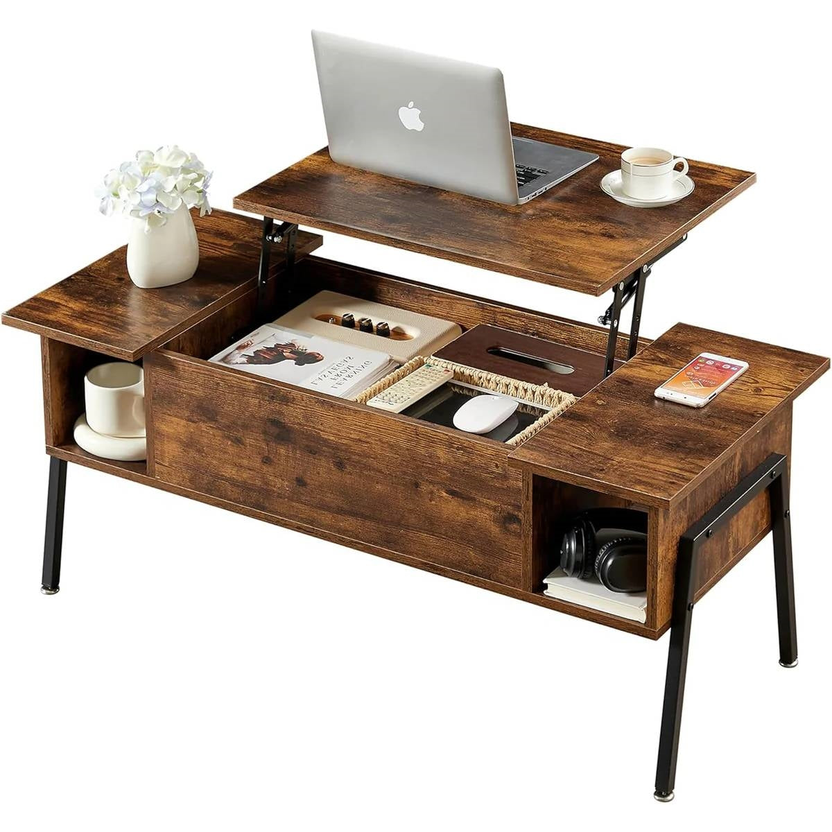 Modern Lift-Top Coffee Table Laptop Desk with Storage Shelf in Brown Wood Finish-0