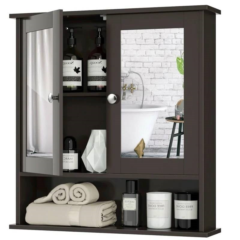 Brown Wooden Bathroom Wall / Medicine Cabinet with Mirrored Doors and Shelf