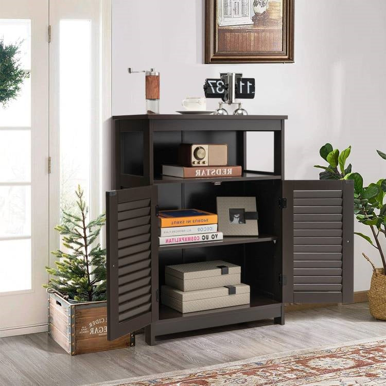 Brown Farmhouse Bathroom Linen Cabinet with Louvered Doors and Open Shelf-2