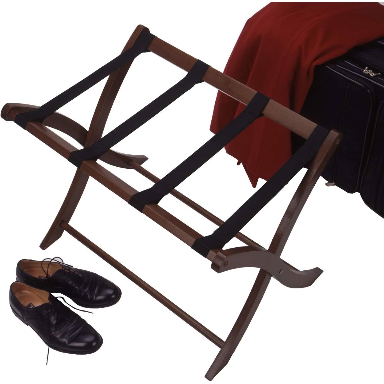 Solid Wood Folding Luggage Rack in Medium Brown Finish with Black Nylon Straps-2