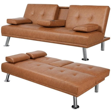 Brown Modern Faux Leather Cup Holders Convertible Sofa Bed Futon Sleeper-0