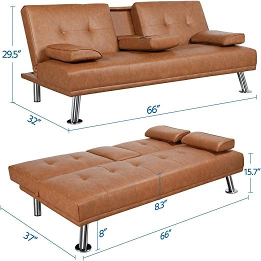 Brown Modern Faux Leather Cup Holders Convertible Sofa Bed Futon Sleeper-3