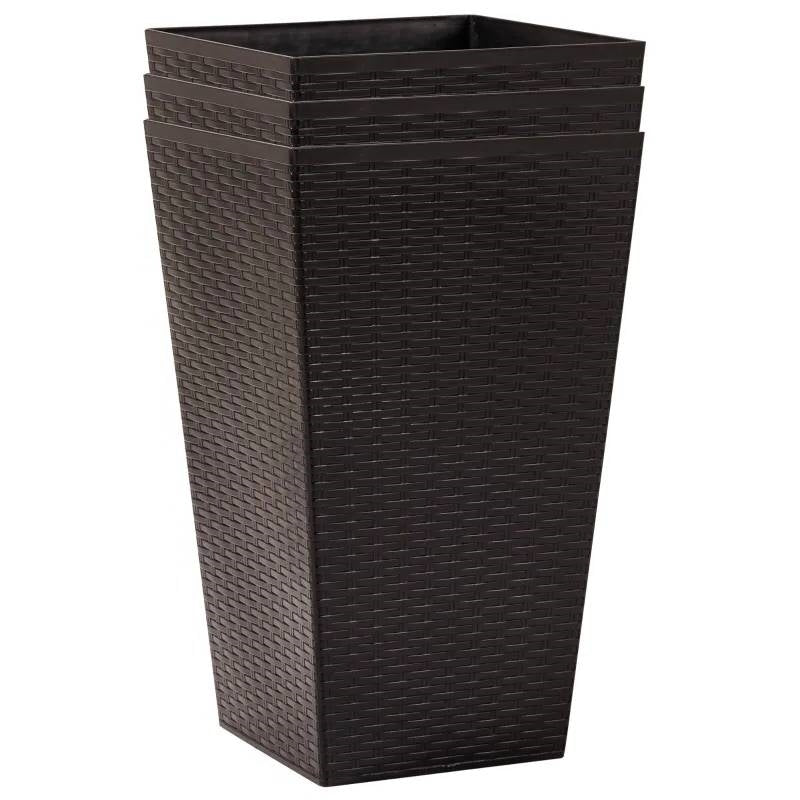 Set of 3 - Brown Faux Rattan Plastic Tall Large Flower Pots-1