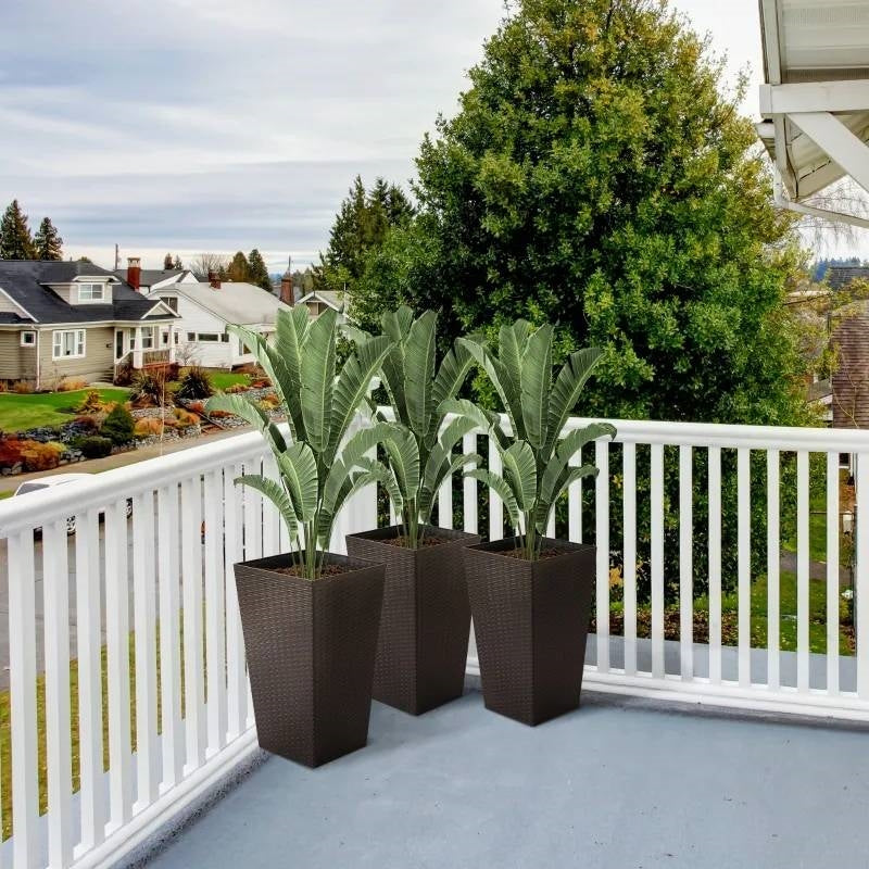 Set of 3 - Brown Faux Rattan Plastic Tall Large Flower Pots-2