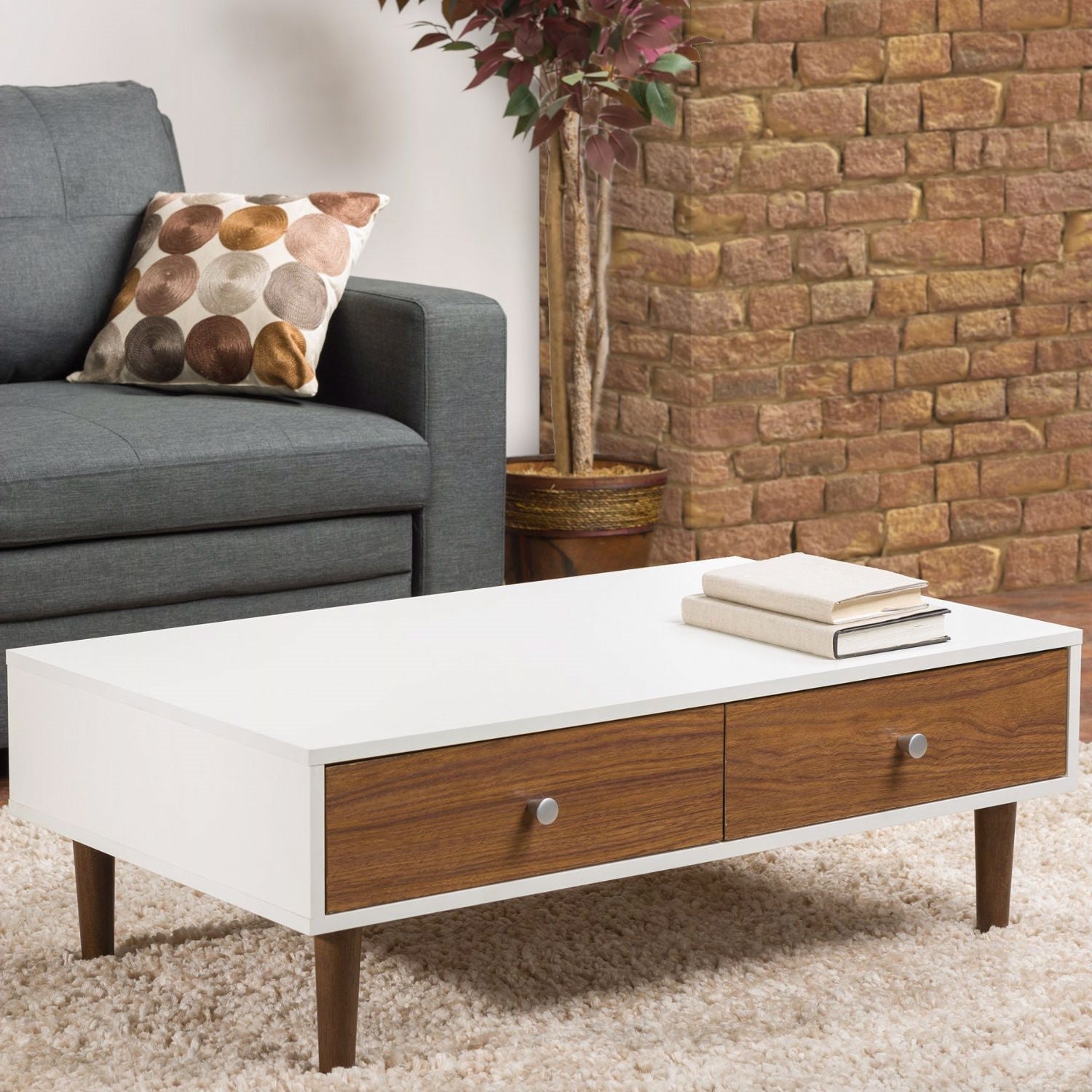 Modern Mid-Century Style White Wood Coffee Table with 2 Drawers-0