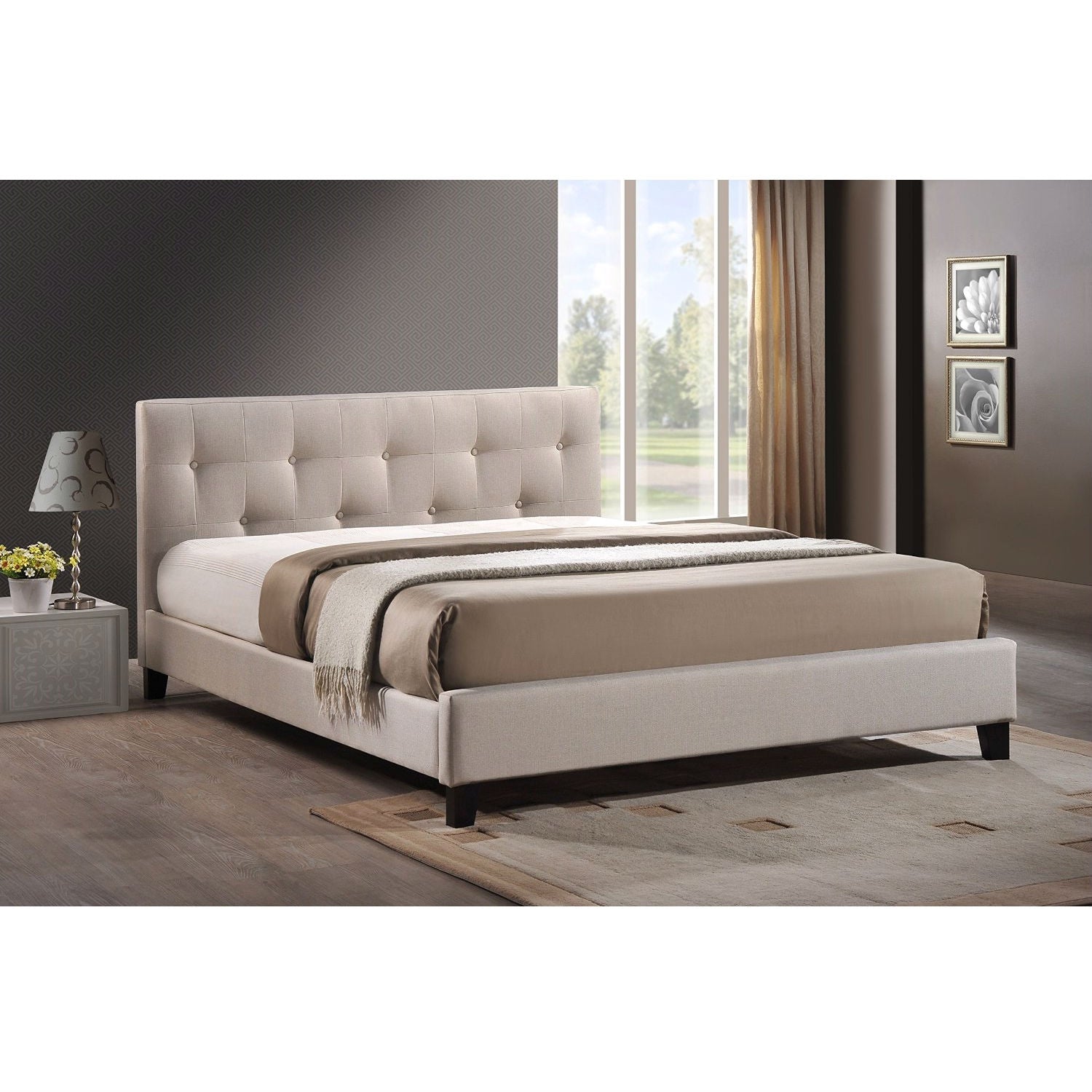 Full size Modern Platform Bed with Beige Fabric Upholstered Headboard-0