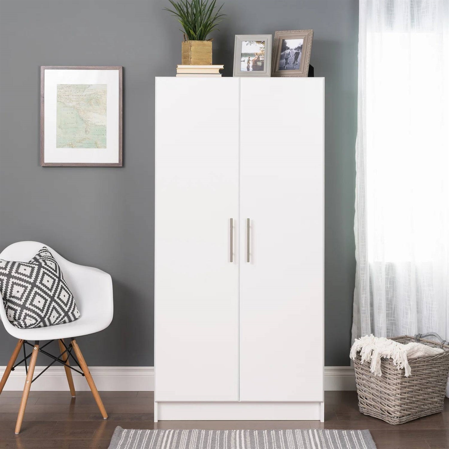 Bedroom Armoire Wardrobe Cabinet with Hanging Rail in White Wood Finish-0