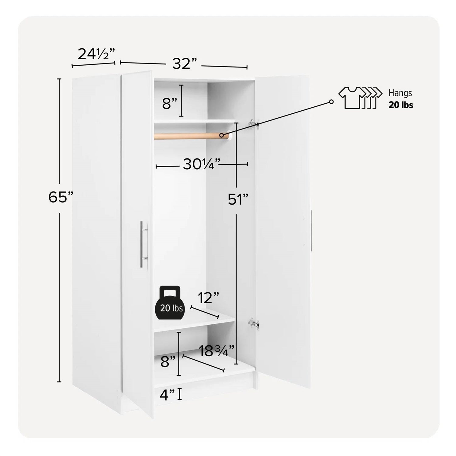 Bedroom Armoire Wardrobe Cabinet with Hanging Rail in White Wood Finish-4