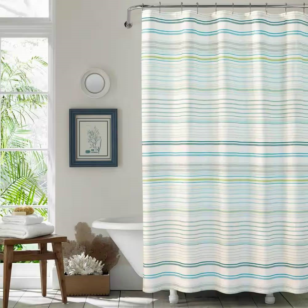 72-inch Sea Breeze Blue Green White Cabana Stripe Cotton Shower Curtain-0