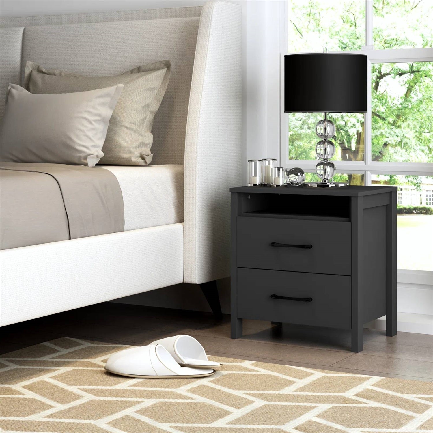Modern 2-Drawer Nightstand Bedside Table in Black Wood Finish-2