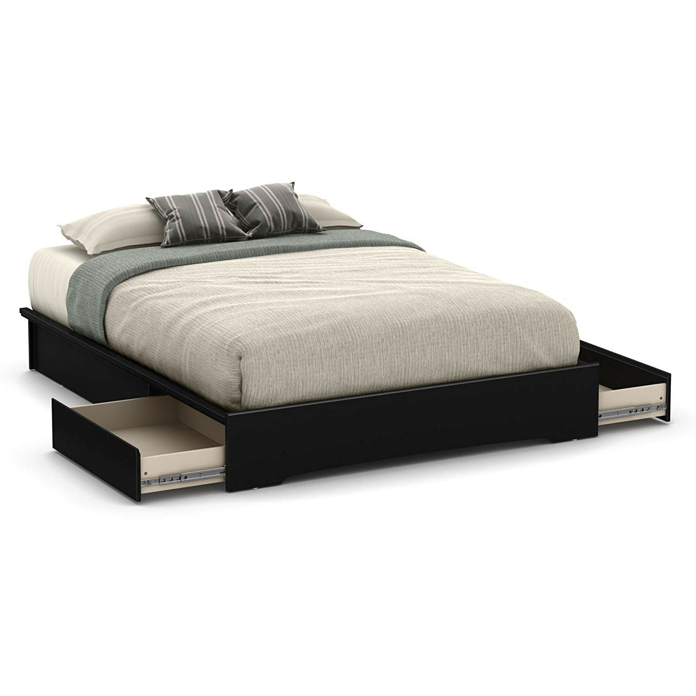 Queen Platform Bed Frame with 2 Storage Drawers in Black Wood Finish-0