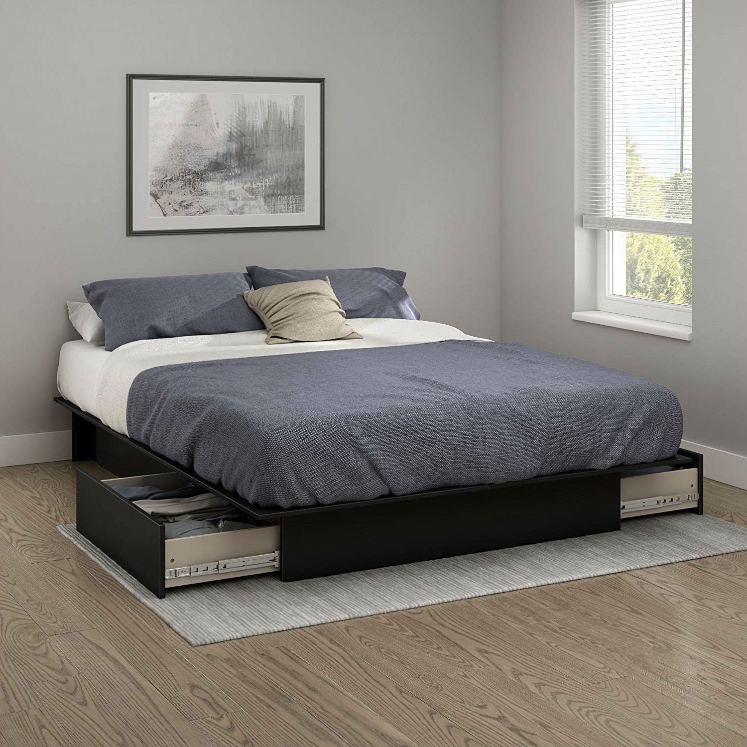 Queen Platform Bed Frame with 2 Storage Drawers in Black Wood Finish-1