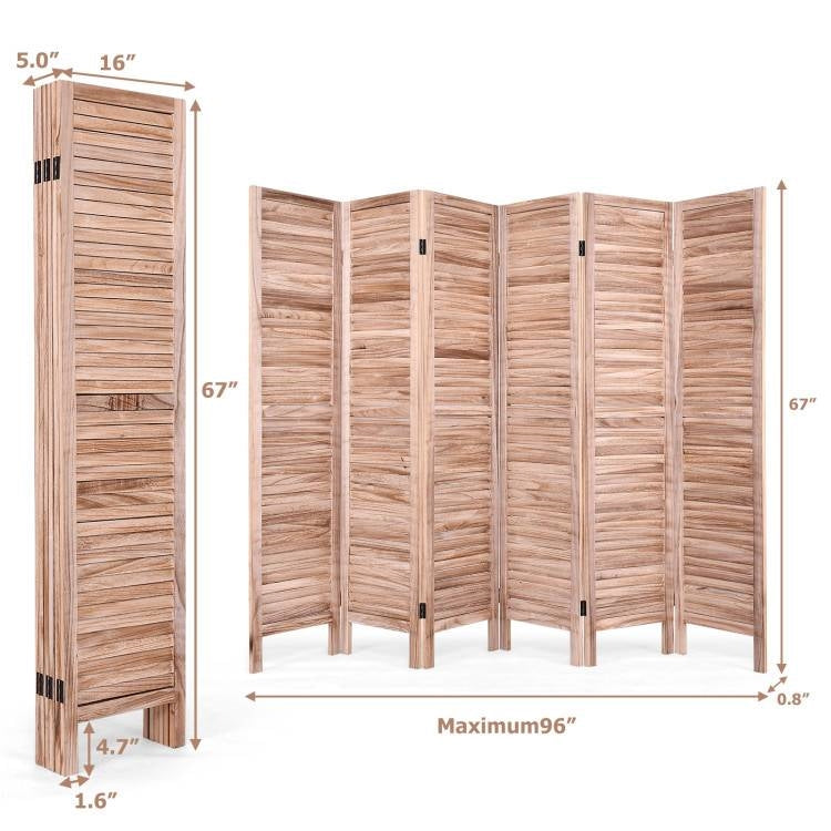 6-Panel Classic Louver Slatted Room Divider Screen in Brown Wood Finish-4