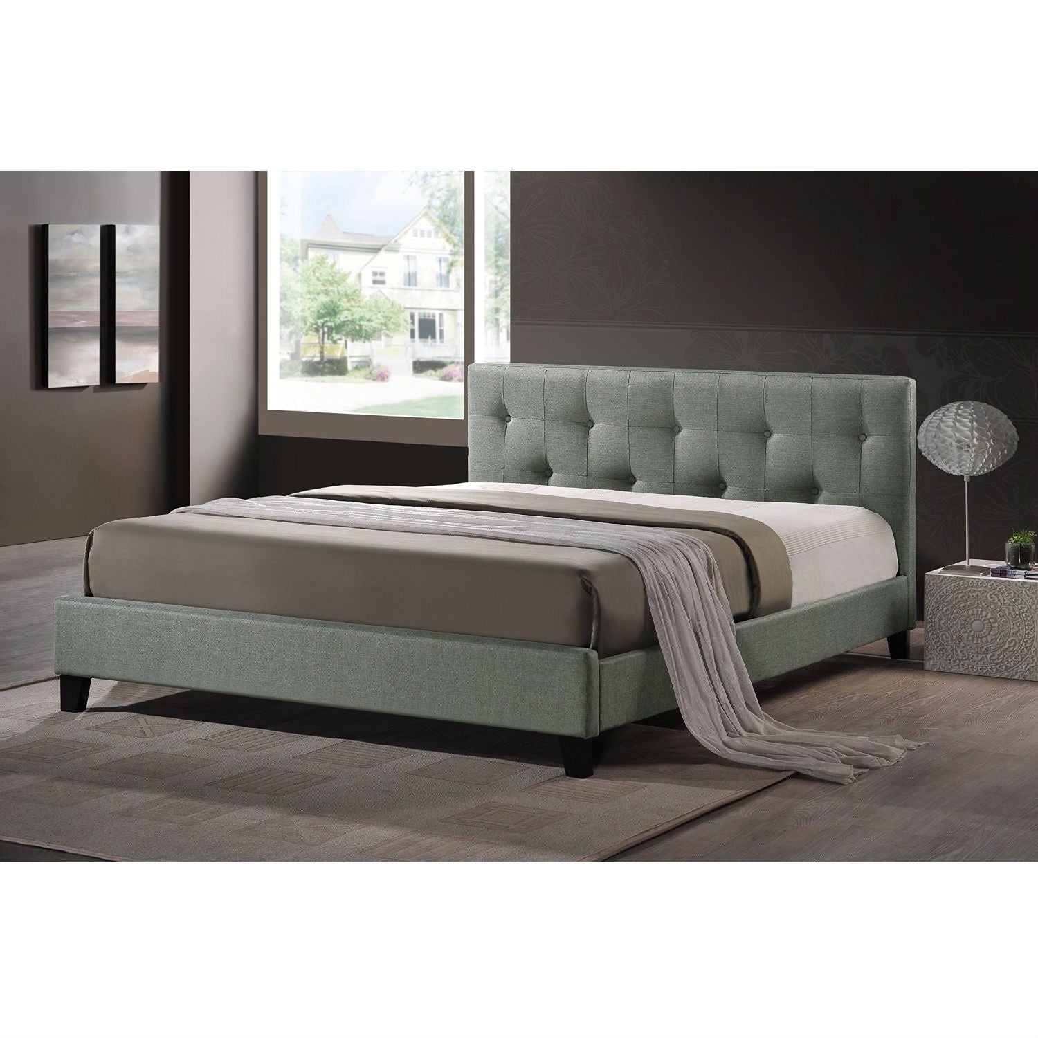 Queen size Gray Linen Upholstered Platform Bed with Headboard-0