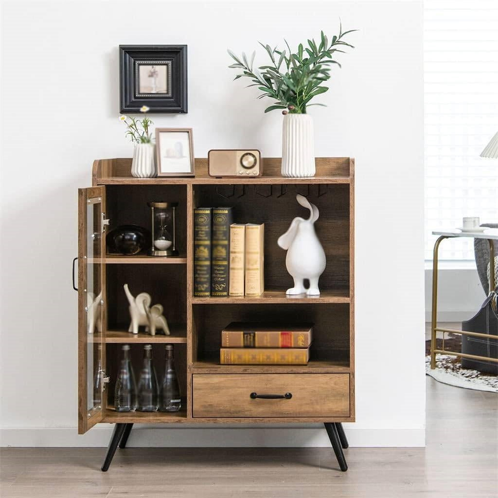 Mid-Century Modern Sideboard Wood Buffet Cabinet Wine Rack and Glass Storage-1