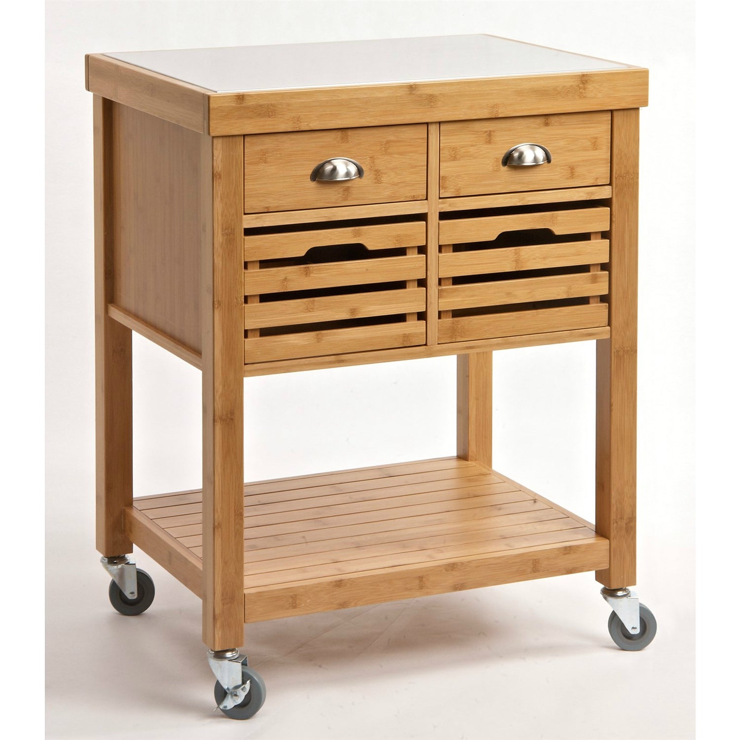 Stainless Steel Top Bamboo Wood Kitchen Cart with Casters-0