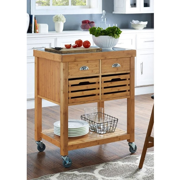 Stainless Steel Top Bamboo Wood Kitchen Cart with Casters-3