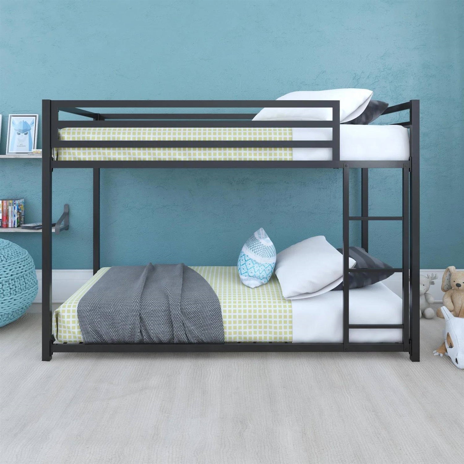 Twin over Twin size Modern Low Height Black Metal Bunk Bed-1