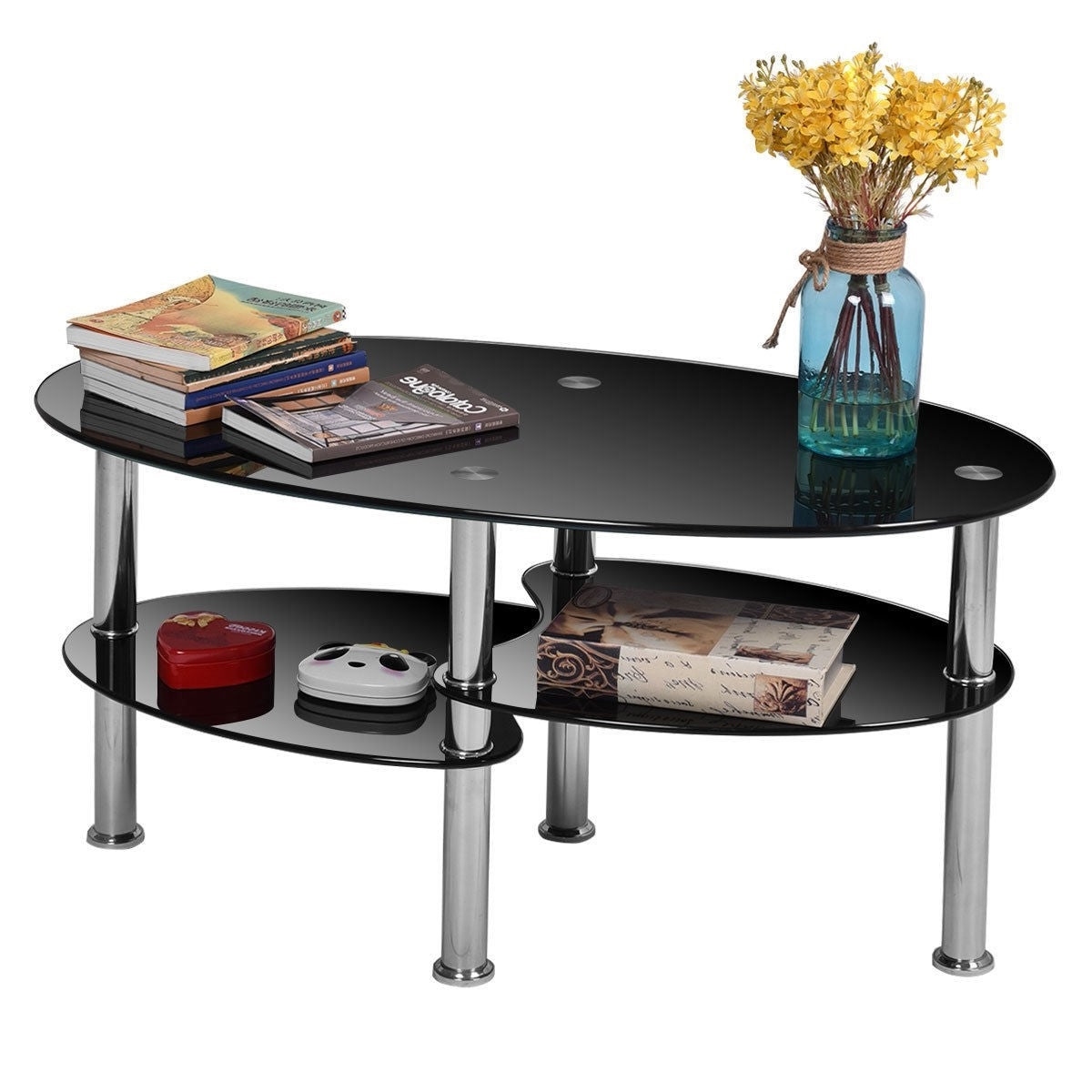 Modern Black Tempered Glass Coffee Table with Bottom Shelf-2