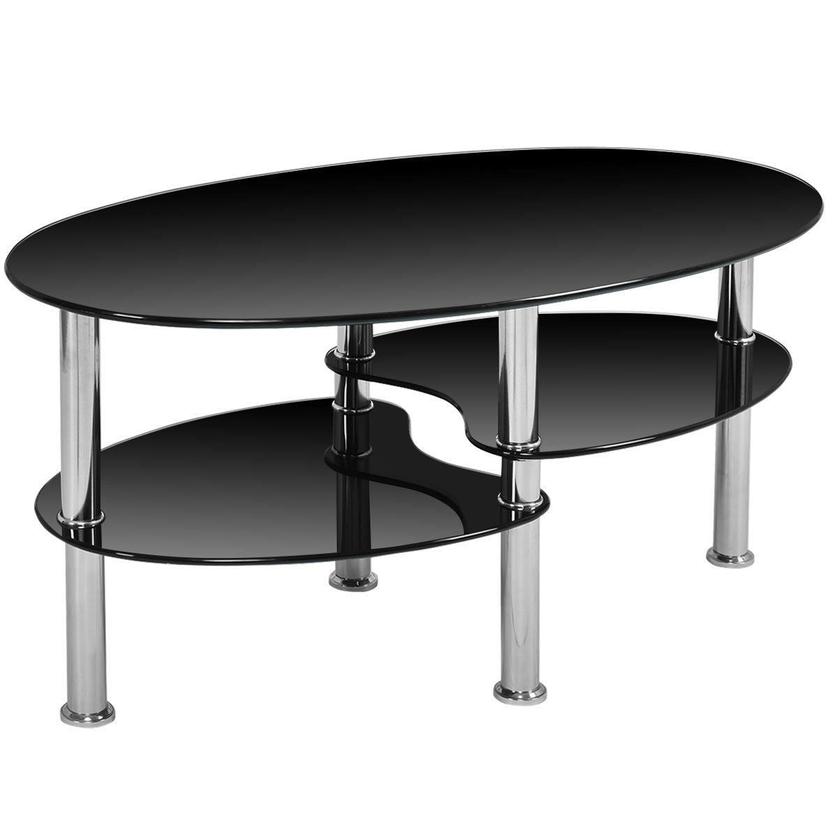 Modern Black Tempered Glass Coffee Table with Bottom Shelf-3