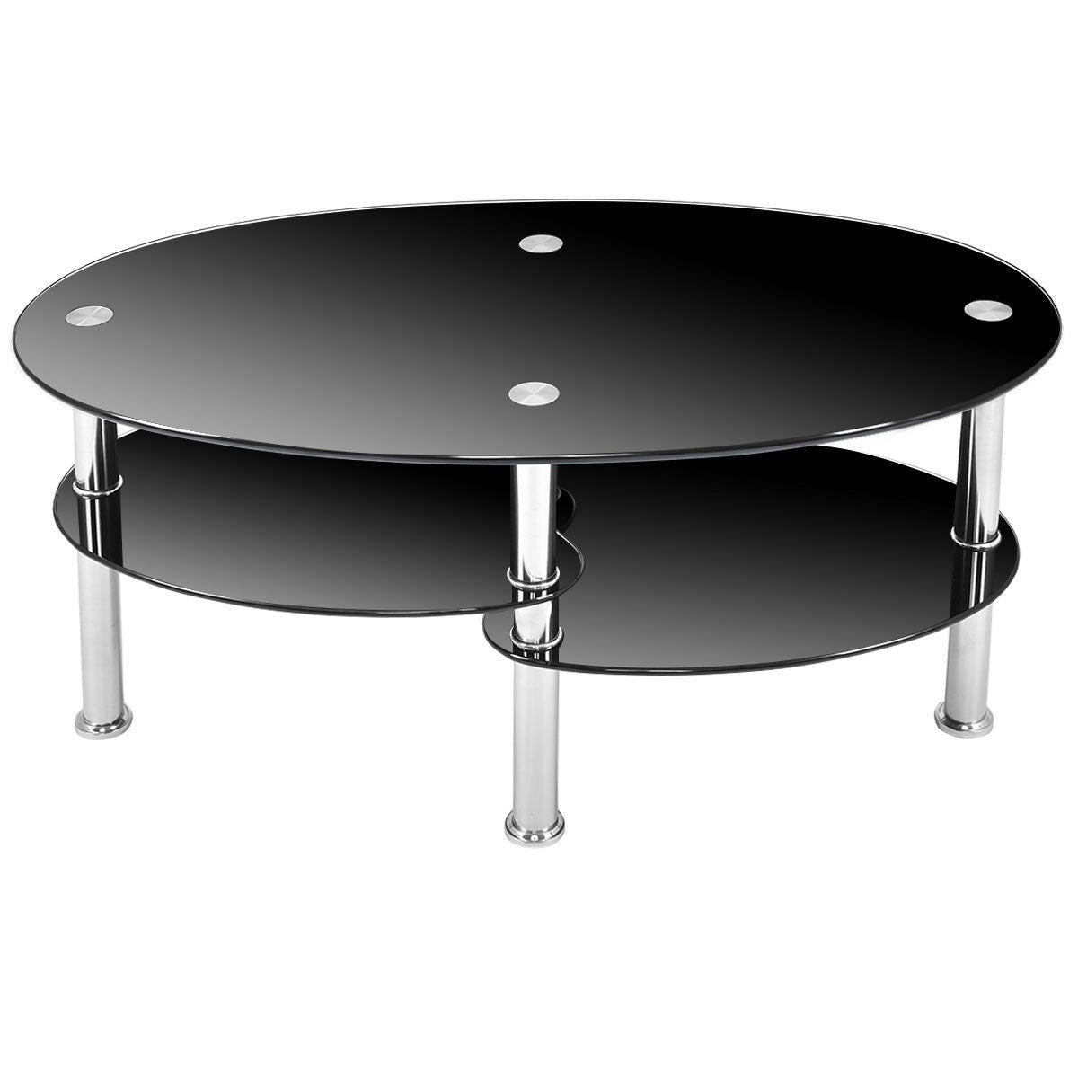 Modern Black Tempered Glass Coffee Table with Bottom Shelf-4