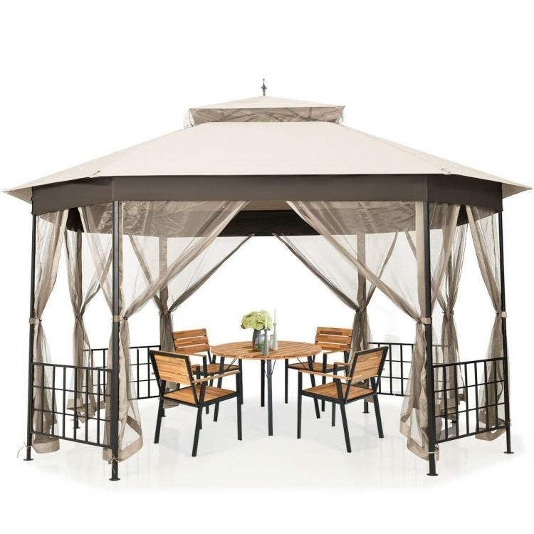 Outdoor 10 x 12 Ft Octagon Gazebo with Mosquito Net Sidewalls and Beige Canopy-0