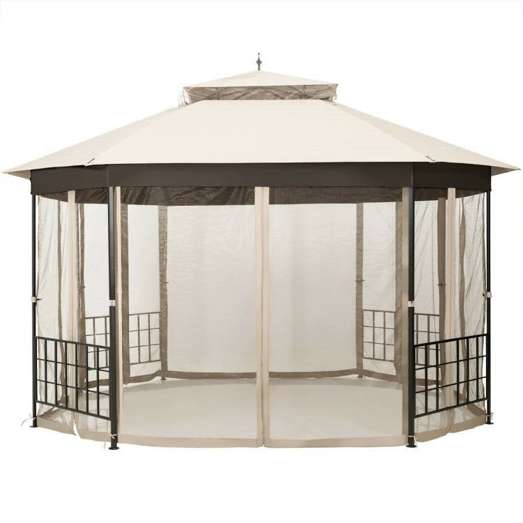 Outdoor 10 x 12 Ft Octagon Gazebo with Mosquito Net Sidewalls and Beige Canopy-1