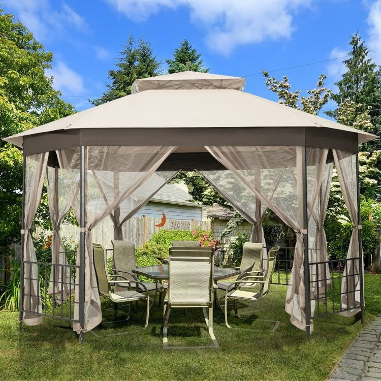 Outdoor 10 x 12 Ft Octagon Gazebo with Mosquito Net Sidewalls and Beige Canopy-3