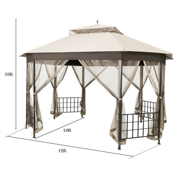 Outdoor 10 x 12 Ft Octagon Gazebo with Mosquito Net Sidewalls and Beige Canopy-4