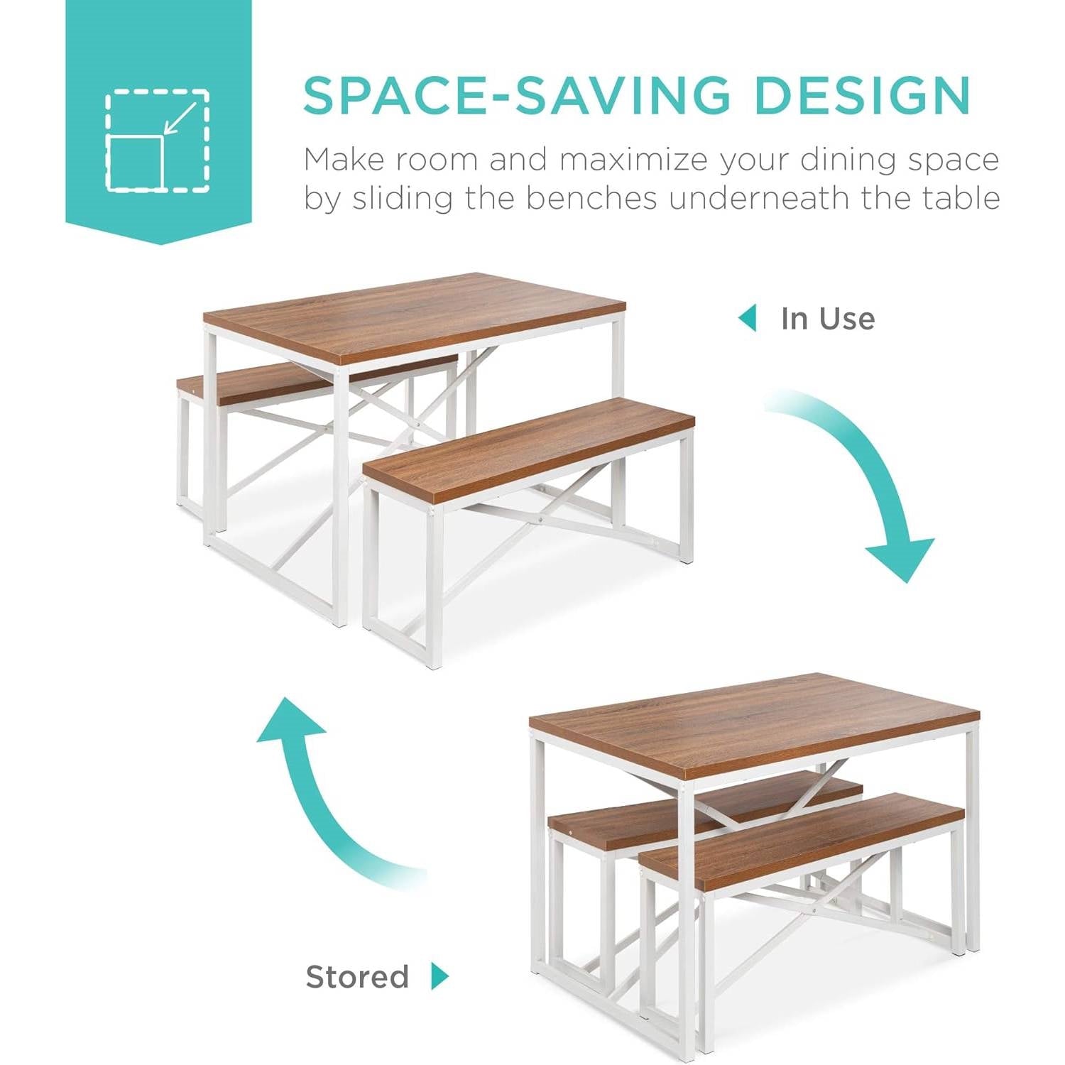 Modern 3-Piece Dining Set Wood Top White Metal Frame Table and 2 Bench Chairs-3