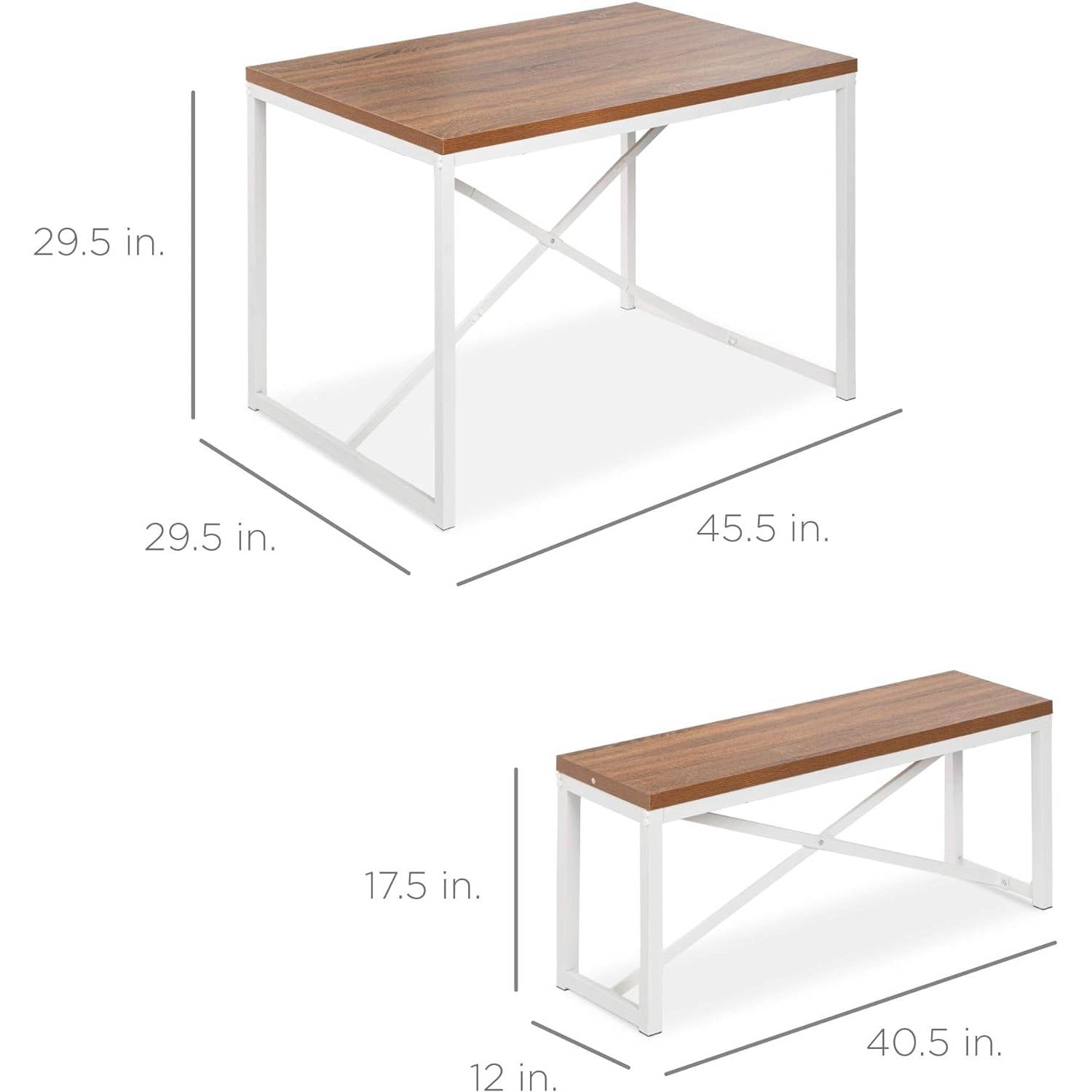 Modern 3-Piece Dining Set Wood Top White Metal Frame Table and 2 Bench Chairs-4