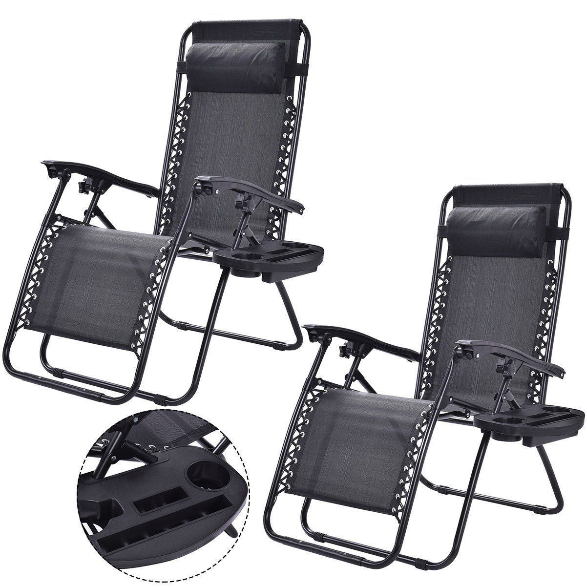 Set of 2 Black Folding Outdoor Zero Gravity Lounge Chair Recliner-0