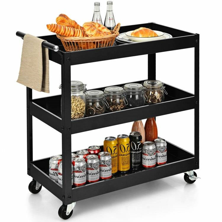 Black Steel Frame Kitchen Serving Utility Cart on Wheels with 2 Bottom Shelves-0